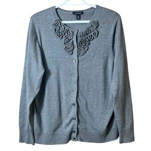 Lands’ End Heather Gray Ruffle Cardigan Size XL Preppy Office Casual